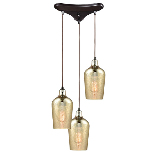 ELK SHOWROOM 10840/3 Hammered Glass 10'' Wide 3-Light Pendant - Oil Rubbed Bronze with Amber