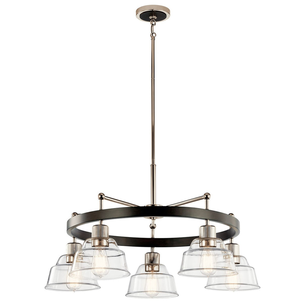 KICHLER 52403PN Eastmont 5 Light Chandelier With Clear Glass Polished Nickel And Walnut Wood