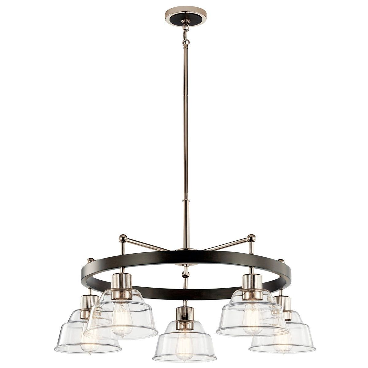 KICHLER 52403PN Eastmont 5 Light Chandelier With Clear Glass Polished Nickel And Walnut Wood