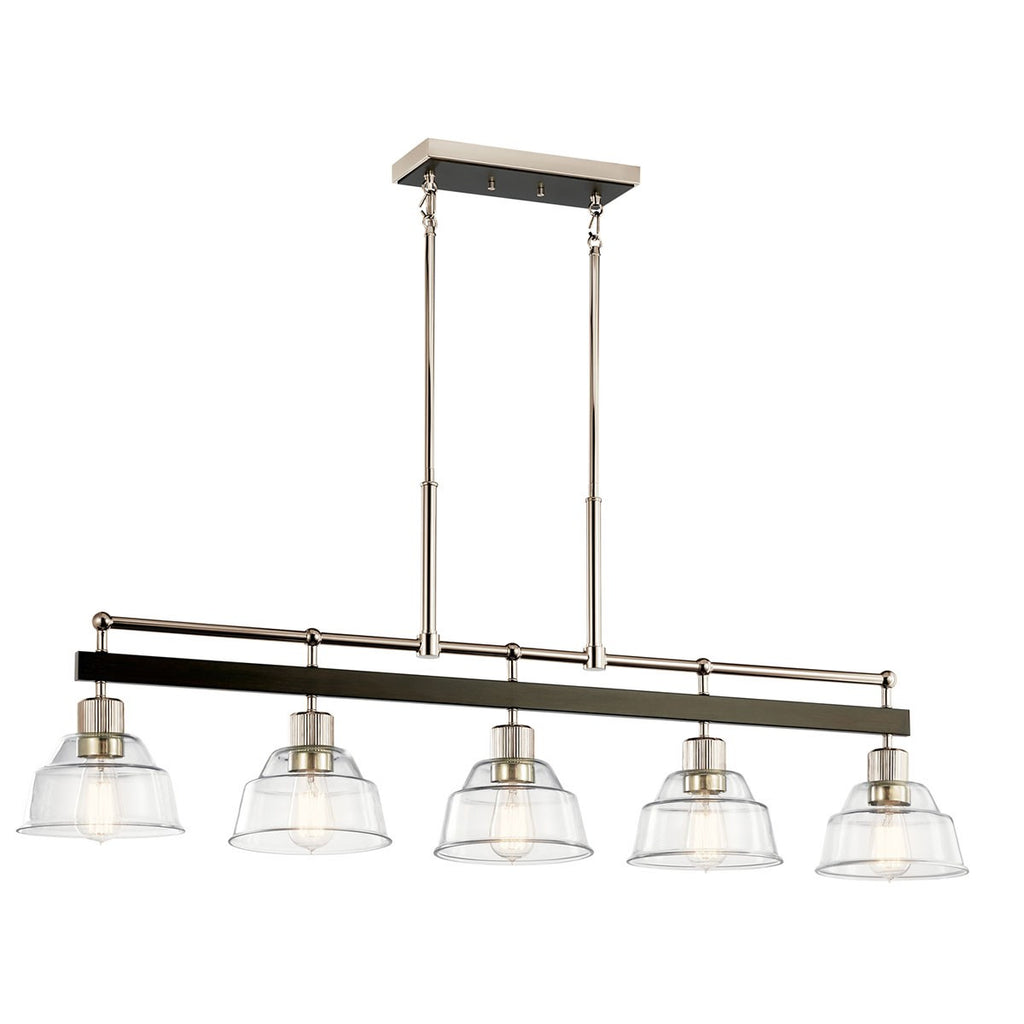 KICHLER 52404PN Eastmont 5 Light Linear Chandelier With Clear Glass Polished Nickel And Walnut Wood