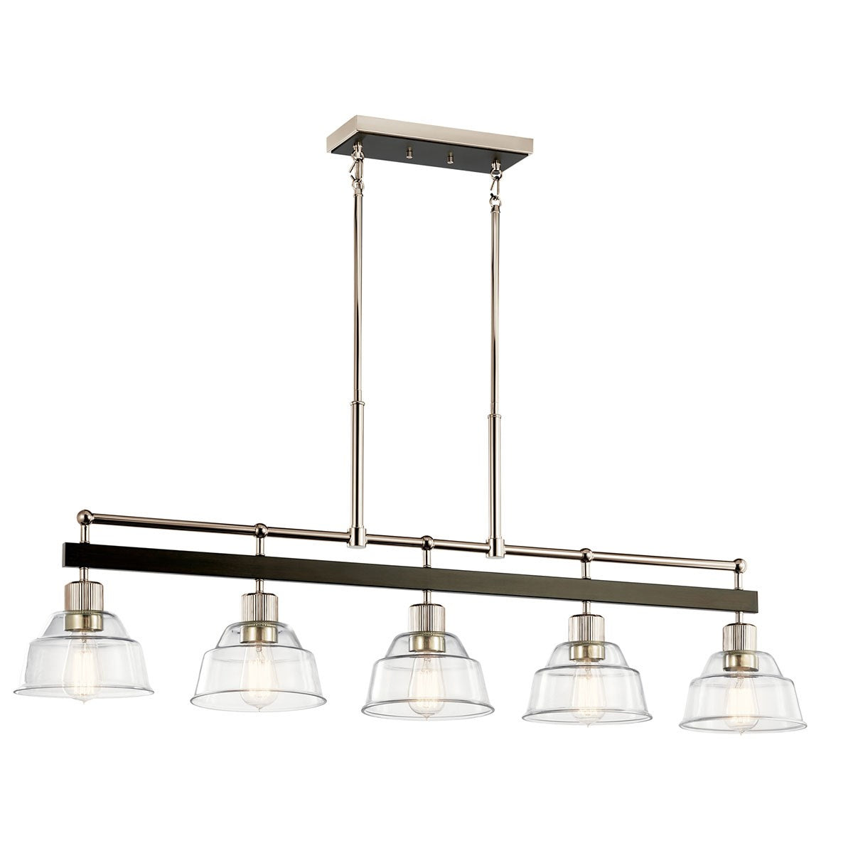 KICHLER 52404PN Eastmont 5 Light Linear Chandelier With Clear Glass Polished Nickel And Walnut Wood
