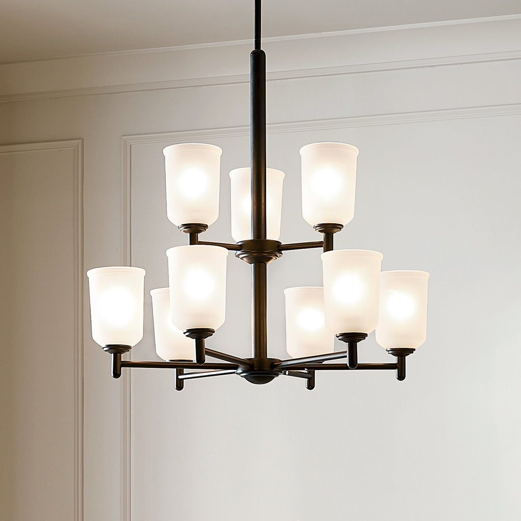 KICHLER 43672BK Shailene 26.5" 9 Light 2 Tier Chandelier With Satin Etched Glass In Brushed Nickel
