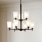 KICHLER 43672BK Shailene 26.5" 9 Light 2 Tier Chandelier With Satin Etched Glass In Brushed Nickel