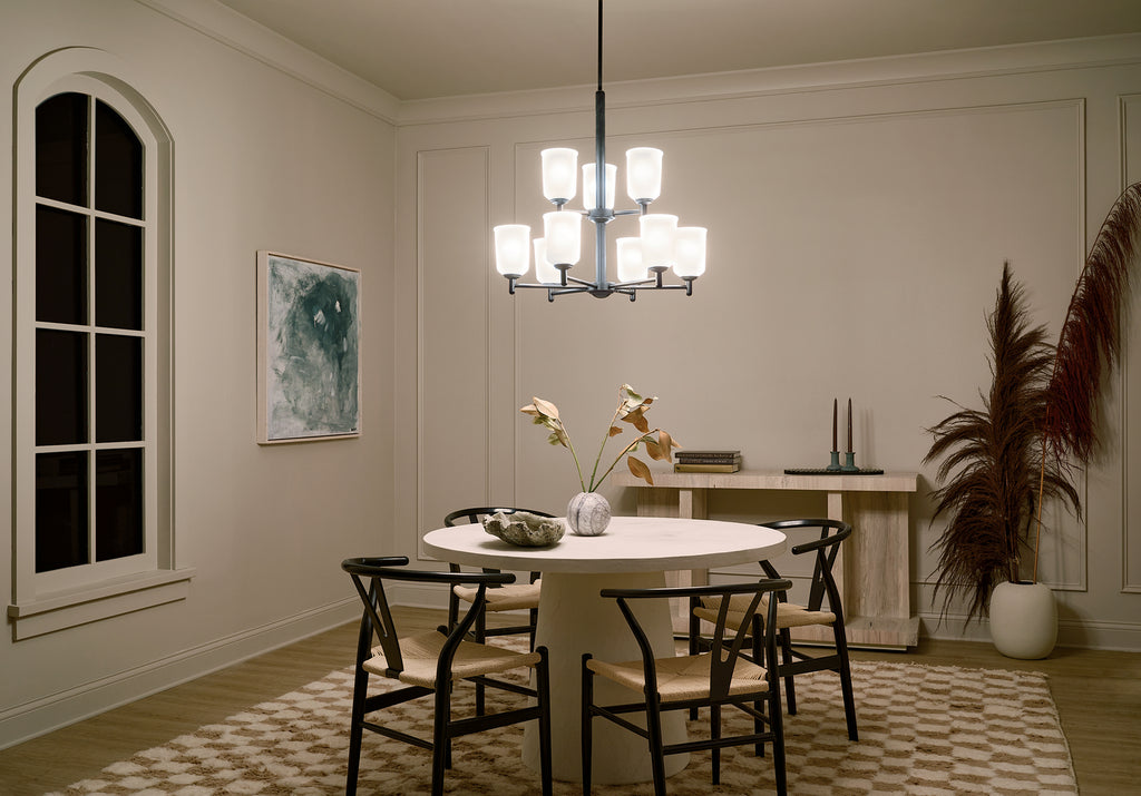 KICHLER 43672BK Shailene 26.5" 9 Light 2 Tier Chandelier With Satin Etched Glass In Brushed Nickel