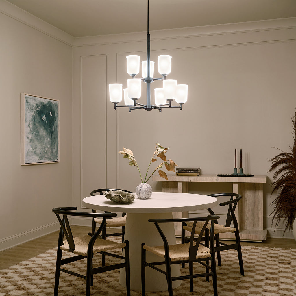 KICHLER 43672BK Shailene 26.5" 9 Light 2 Tier Chandelier With Satin Etched Glass In Brushed Nickel