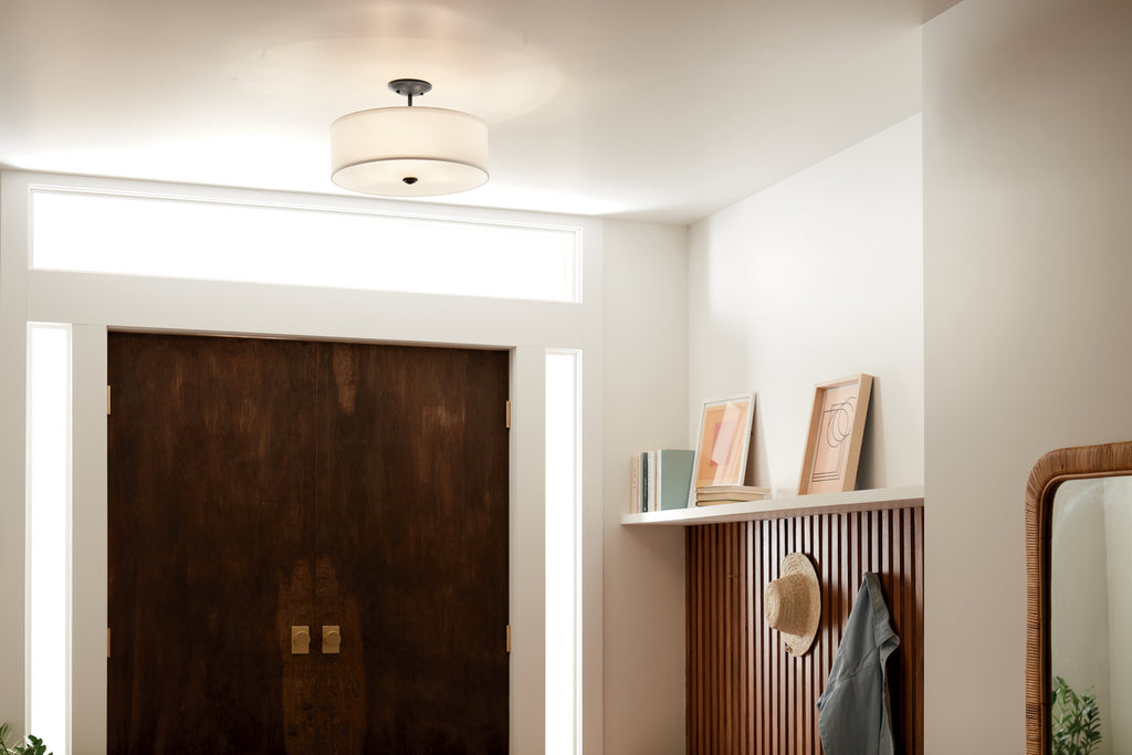 KICHLER 43675BK Shailene 14" 3 Light Round Semi Flush With Satin Etched White Diffuser And White Microfiber Shade In Brushed Nickel