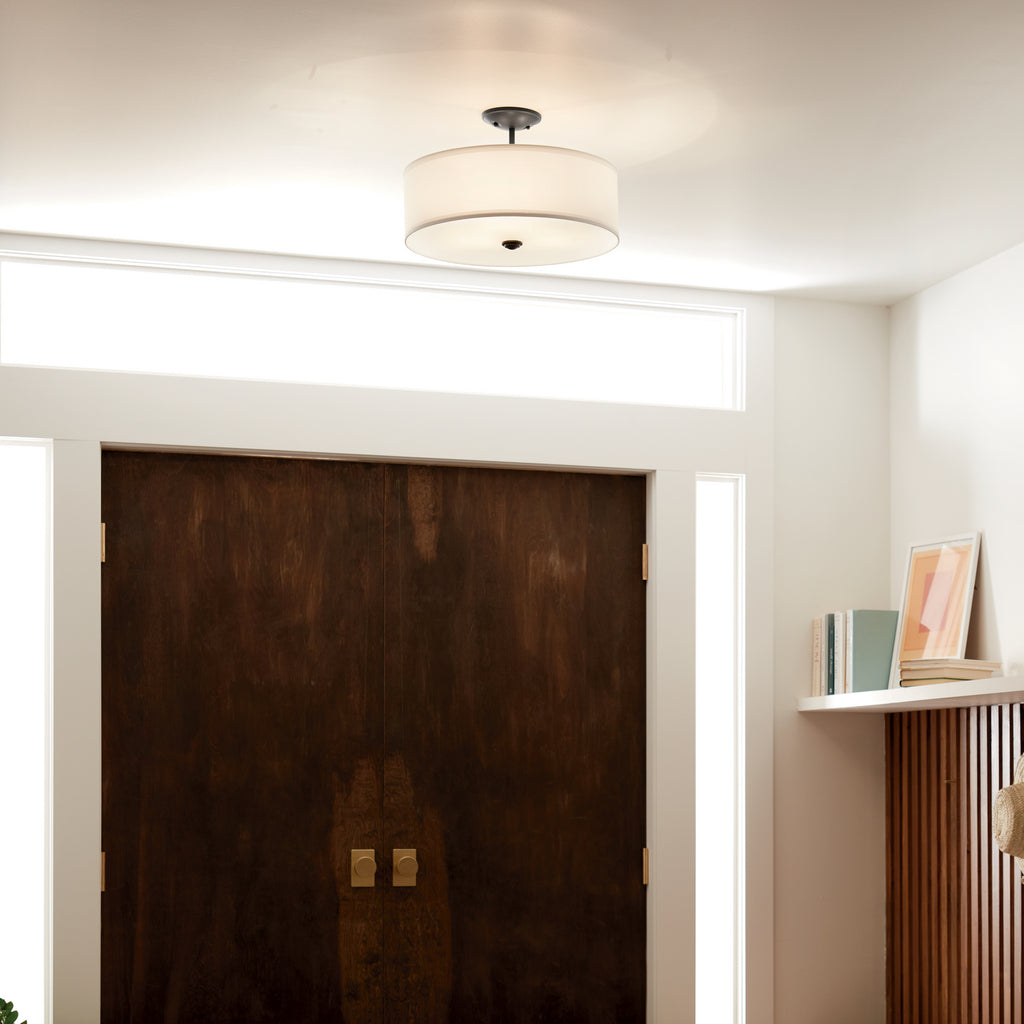 KICHLER 43675BK Shailene 14" 3 Light Round Semi Flush With Satin Etched White Diffuser And White Microfiber Shade In Brushed Nickel