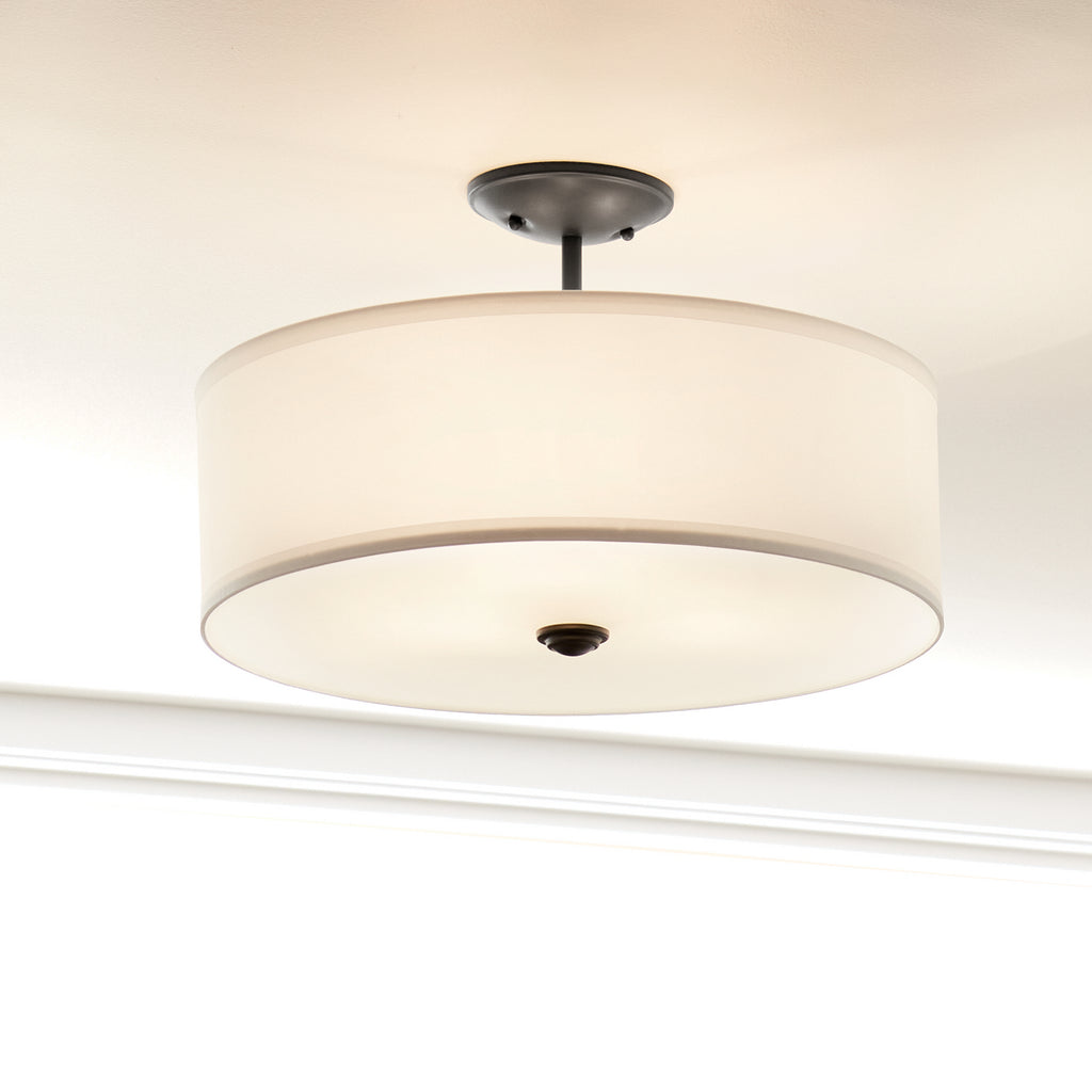 KICHLER 43675BK Shailene 14" 3 Light Round Semi Flush With Satin Etched White Diffuser And White Microfiber Shade In Brushed Nickel