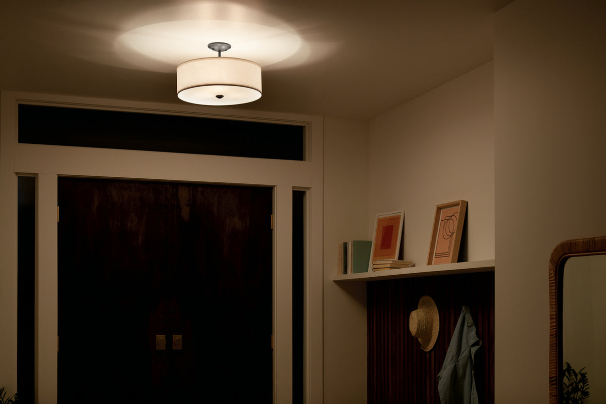 KICHLER 43675BK Shailene 14" 3 Light Round Semi Flush With Satin Etched White Diffuser And White Microfiber Shade In Brushed Nickel