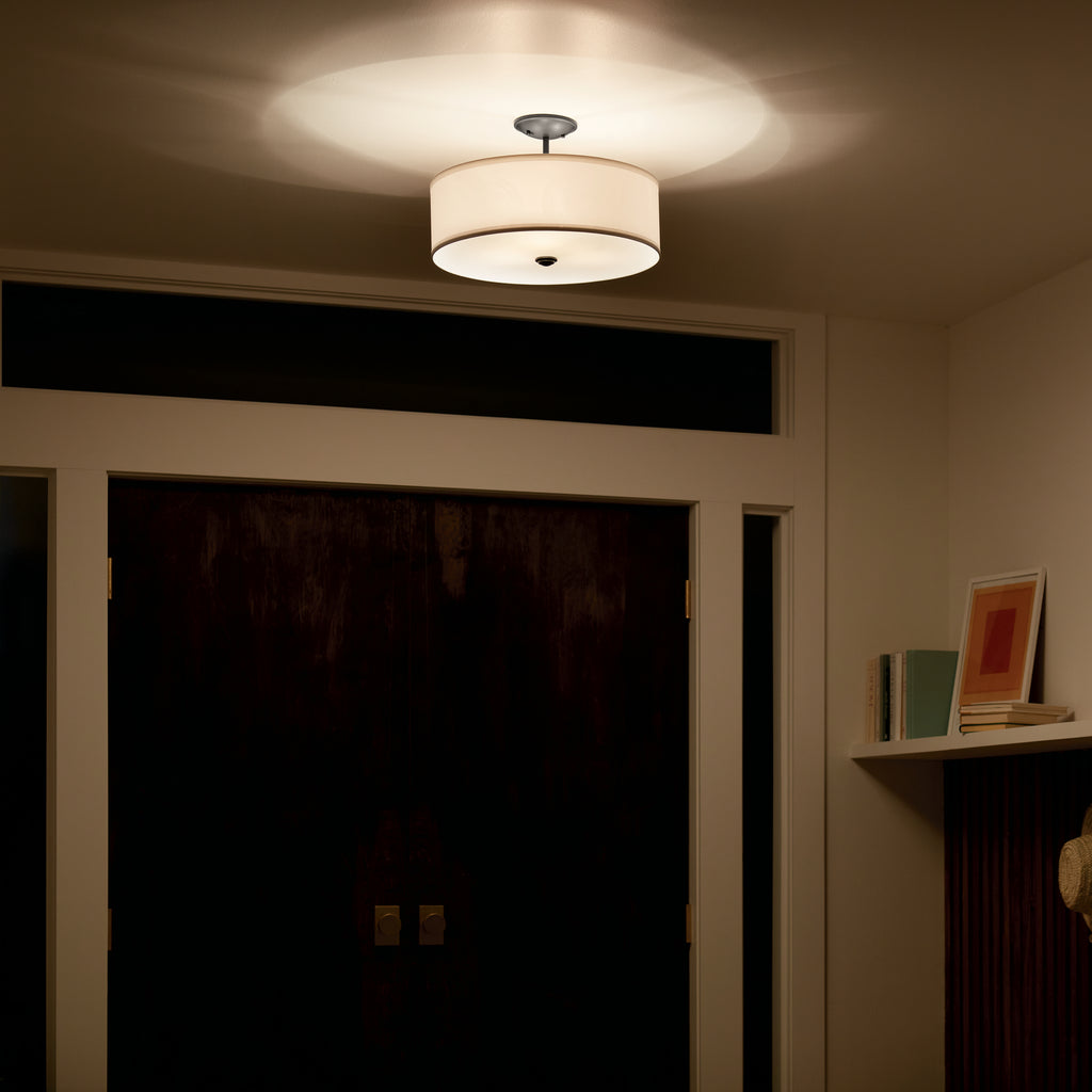 KICHLER 43675BK Shailene 14" 3 Light Round Semi Flush With Satin Etched White Diffuser And White Microfiber Shade In Brushed Nickel