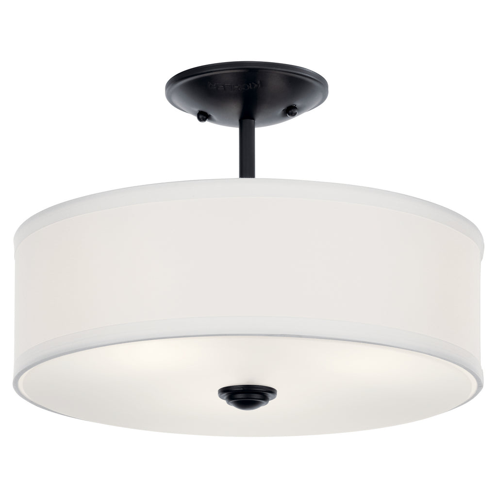 KICHLER 43675BK Shailene 14" 3 Light Round Semi Flush With Satin Etched White Diffuser And White Microfiber Shade In Brushed Nickel
