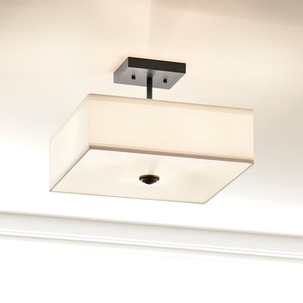 KICHLER 43691BK Shailene 14" 3 Light Square Semi Flush With Satin Etched White Diffuser And White Microfiber Shade In Brushed Nickel