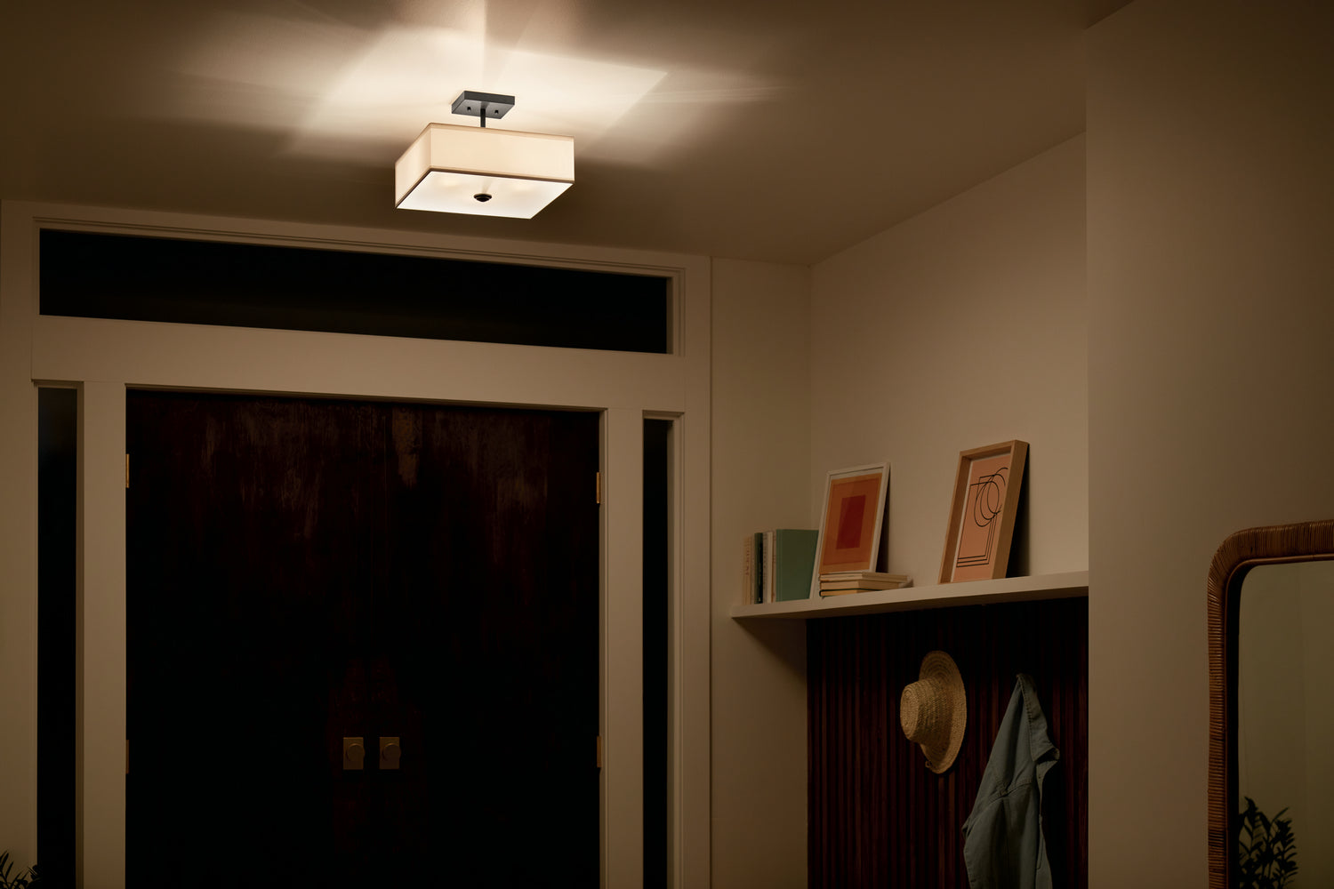 KICHLER 43691BK Shailene 14" 3 Light Square Semi Flush With Satin Etched White Diffuser And White Microfiber Shade In Brushed Nickel