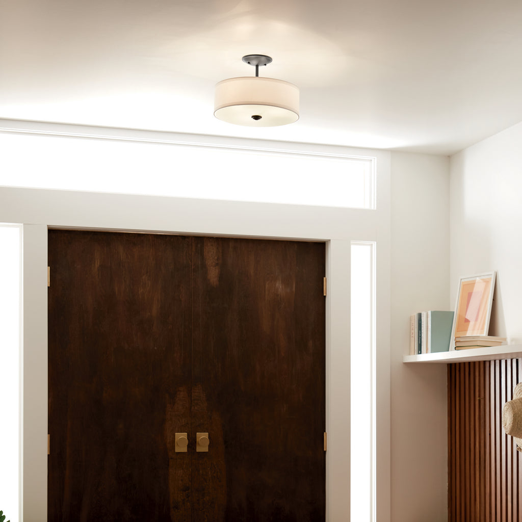 KICHLER 43692BK Shailene 18" 3 Light Round Semi Flush With Satin Etched White Diffuser And White Microfiber Shade In Brushed Nickel