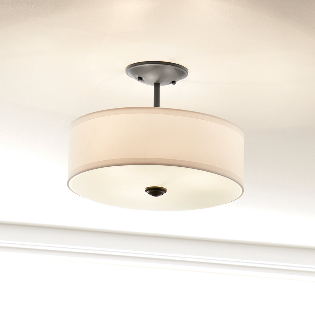 KICHLER 43692BK Shailene 18" 3 Light Round Semi Flush With Satin Etched White Diffuser And White Microfiber Shade In Brushed Nickel