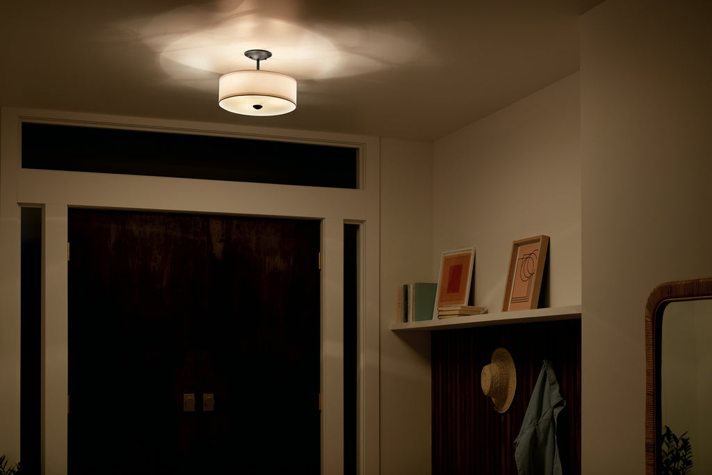 KICHLER 43692BK Shailene 18" 3 Light Round Semi Flush With Satin Etched White Diffuser And White Microfiber Shade In Brushed Nickel