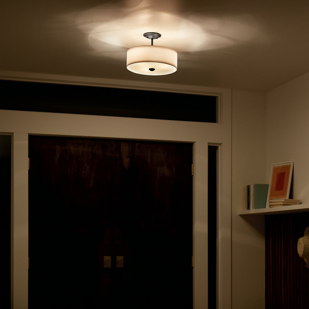 KICHLER 43692BK Shailene 18" 3 Light Round Semi Flush With Satin Etched White Diffuser And White Microfiber Shade In Brushed Nickel