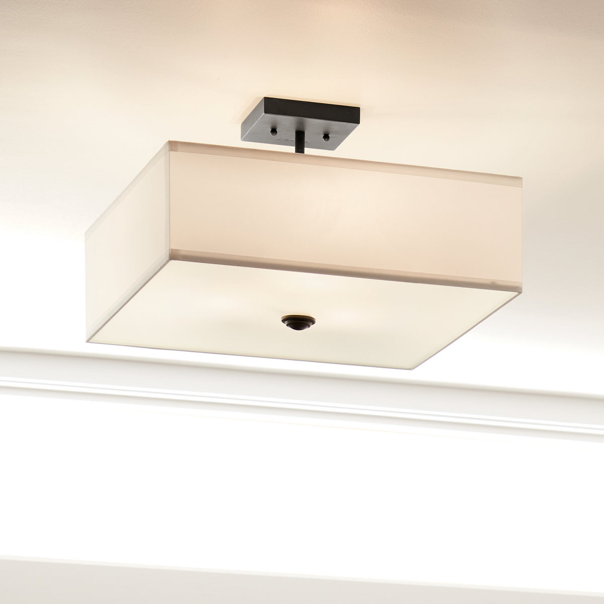 KICHLER 43693BK Shailene 18" 3 Light Square Semi Flush With Satin Etched White Diffuser And White Microfiber Shade In Brushed Nickel