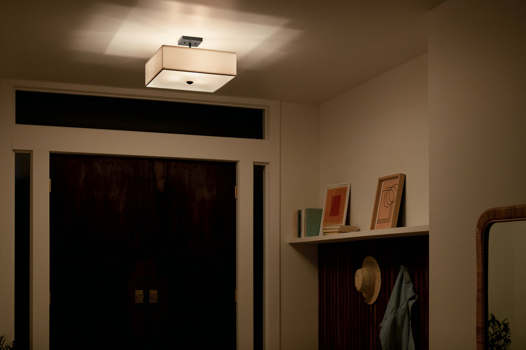KICHLER 43693BK Shailene 18" 3 Light Square Semi Flush With Satin Etched White Diffuser And White Microfiber Shade In Brushed Nickel