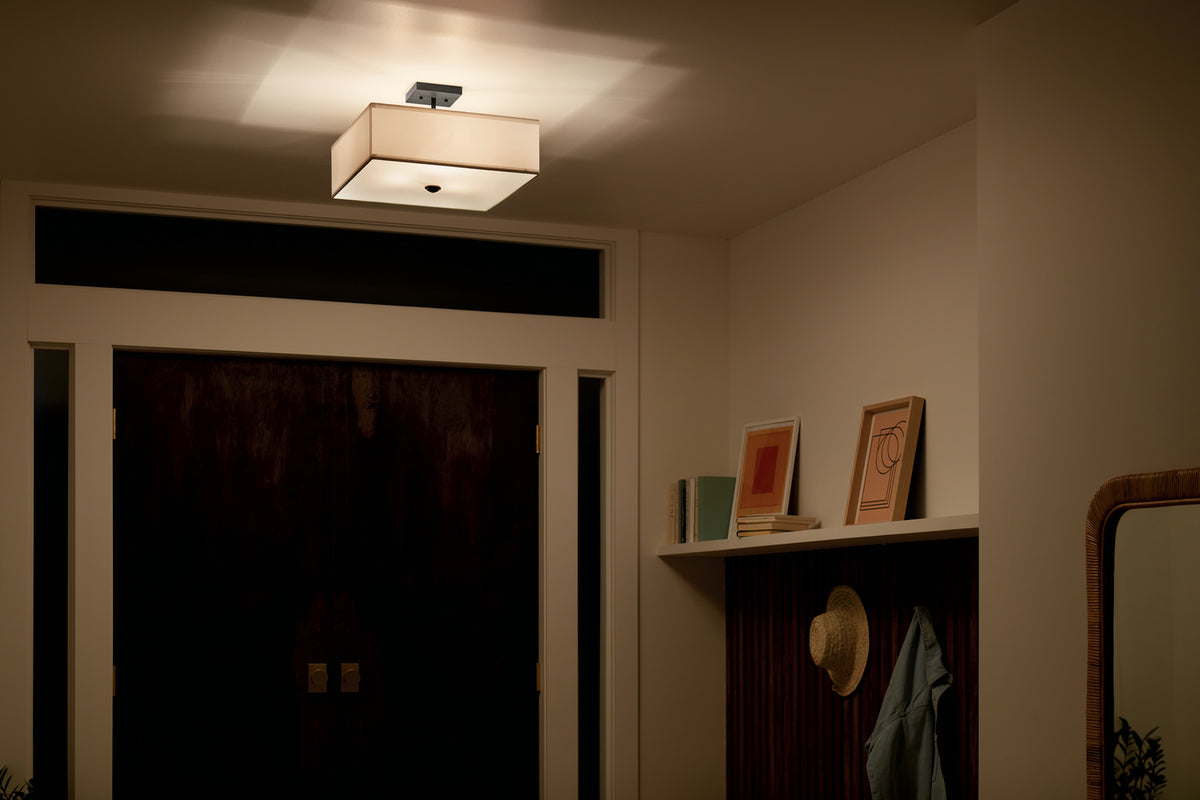 KICHLER 43693BK Shailene 18" 3 Light Square Semi Flush With Satin Etched White Diffuser And White Microfiber Shade In Brushed Nickel