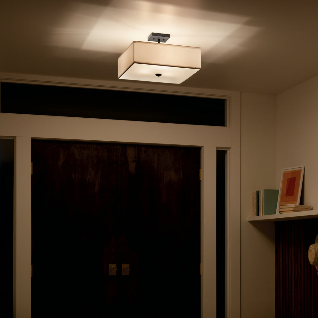 KICHLER 43693BK Shailene 18" 3 Light Square Semi Flush With Satin Etched White Diffuser And White Microfiber Shade In Brushed Nickel
