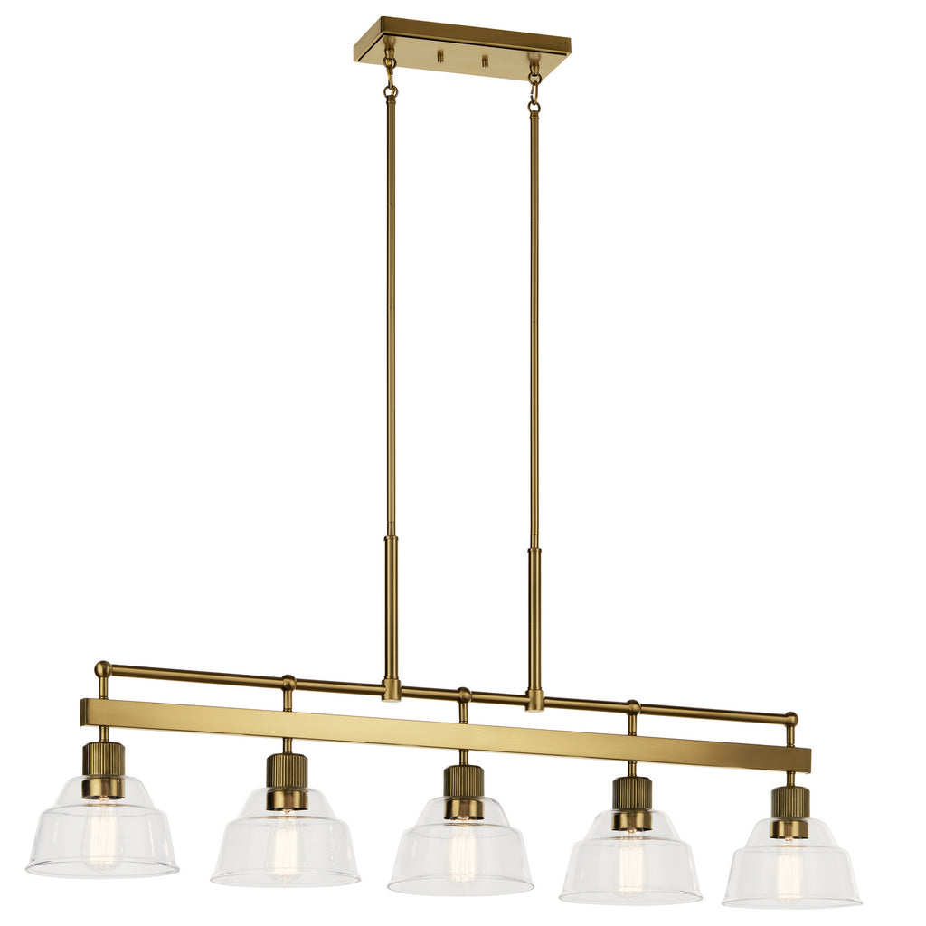 KICHLER 52404BNB Eastmont 5 Light Linear Chandelier With Clear Glass Brushed Natural Brass And Walnut Wood