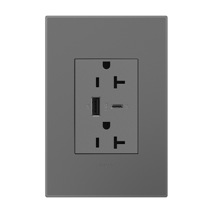 LEGRAND ARTRUSB206ACM4 ADORNE  20A Tamper-Resistant Ultra-Fast USB Type-A/C Outlet, Magnesium