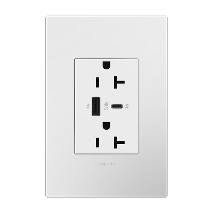 LEGRAND ARTRUSB206ACW4 ADORNE  20A Tamper-Resistant Ultra-Fast USB Type-A/C Outlet, White