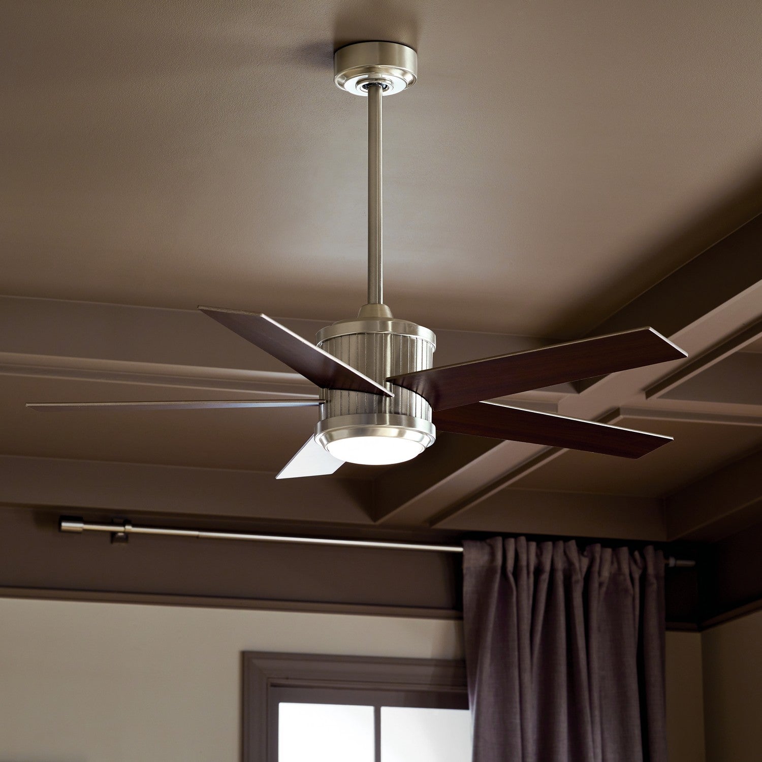KICHLER 300048BSS 48 Inch Brahm 5 Blade Indoor Ceiling Fan With Etched Cased Opal Glass In Brushed Stainless Steel With Reversible Silver And Walnut Blades