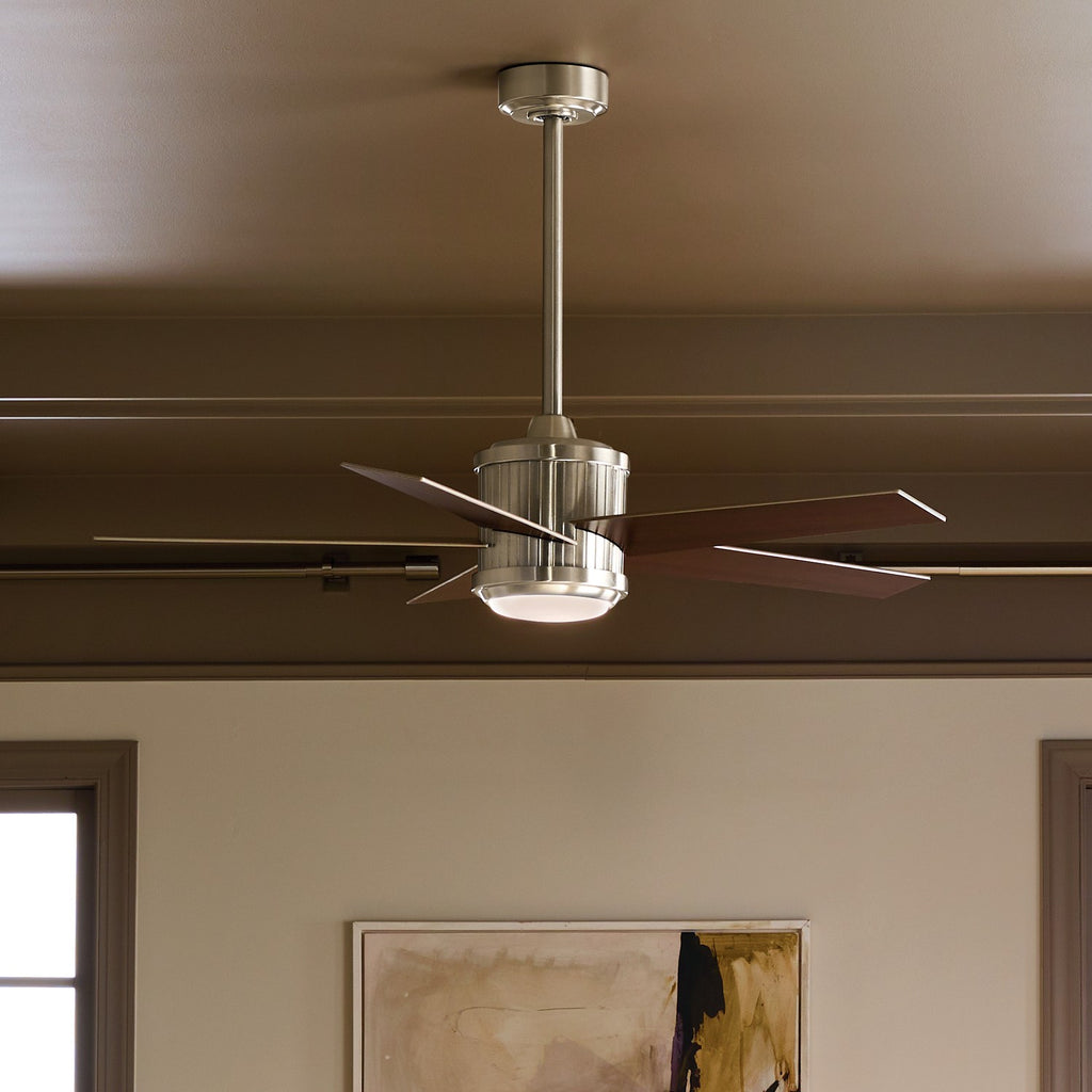 KICHLER 300048BSS 48 Inch Brahm 5 Blade Indoor Ceiling Fan With Etched Cased Opal Glass In Brushed Stainless Steel With Reversible Silver And Walnut Blades
