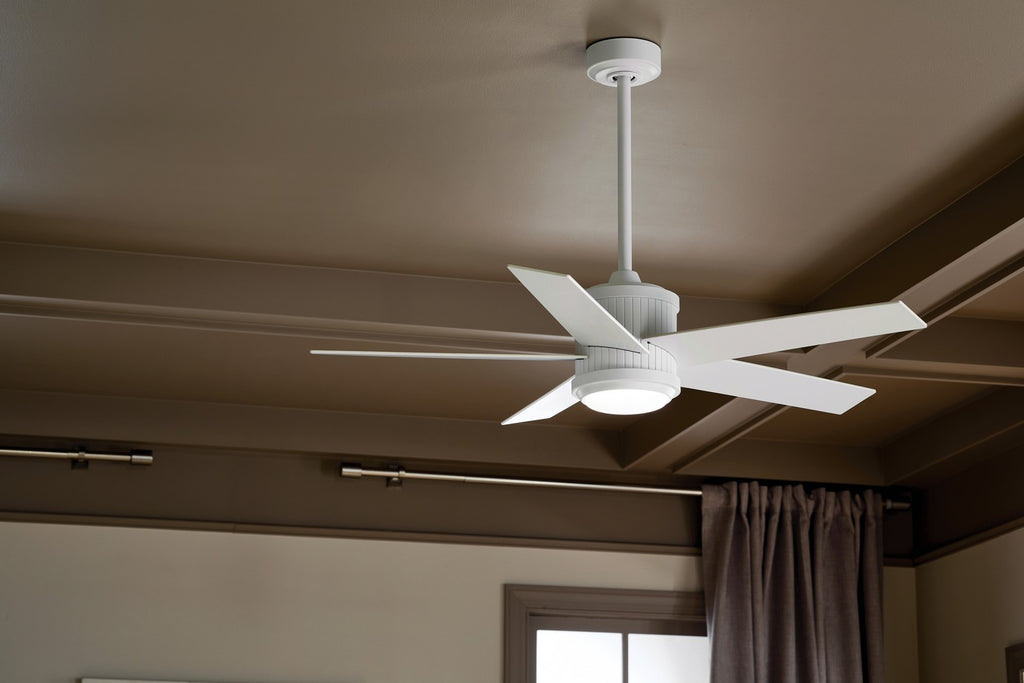KICHLER 300048MWH 48 Inch Brahm 5 Blade Indoor Ceiling Fan With Etched Cased Opal Glass In Matte White With Reversible Matte White And Silver Blade