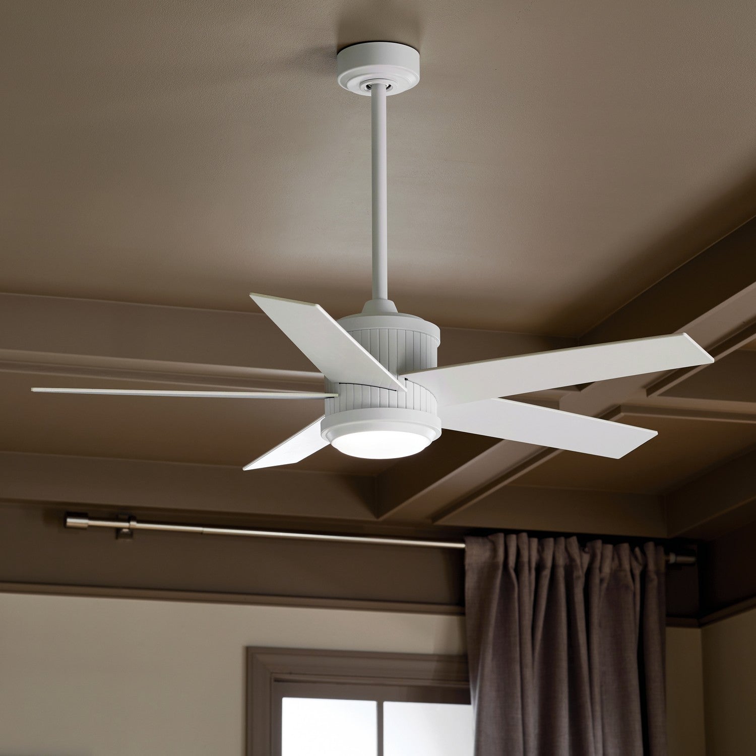 KICHLER 300048MWH 48 Inch Brahm 5 Blade Indoor Ceiling Fan With Etched Cased Opal Glass In Matte White With Reversible Matte White And Silver Blade