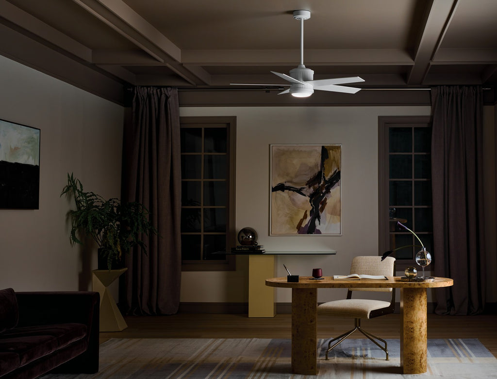KICHLER 300048MWH 48 Inch Brahm 5 Blade Indoor Ceiling Fan With Etched Cased Opal Glass In Matte White With Reversible Matte White And Silver Blade