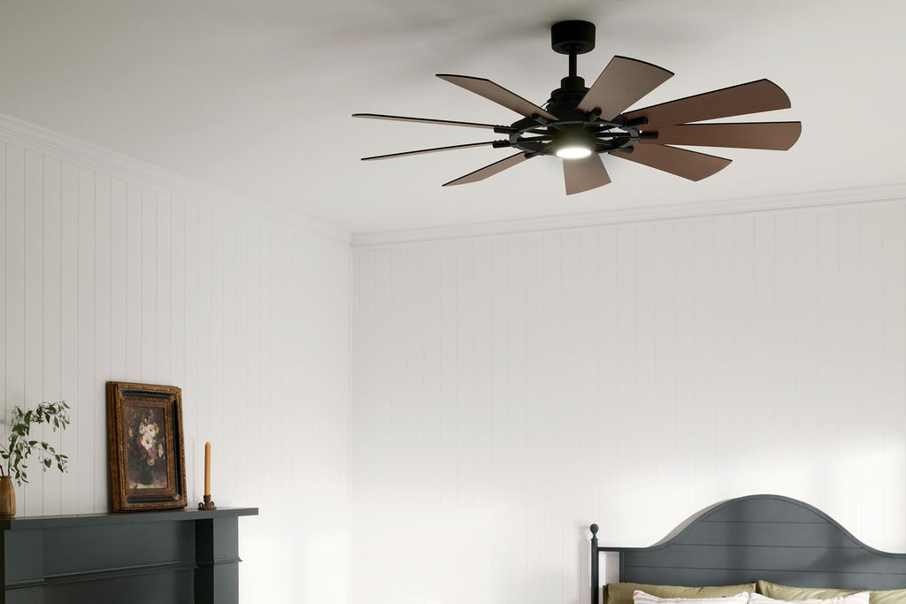 KICHLER 300260AVI 60 Inch Gentry 9 Blade Indoor Ceiling Fan With Etched Cased Opal Glass In Anvil Iron With Reversible Distressed Antique Gray And Walnut Blades