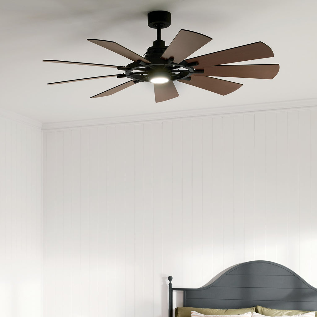 KICHLER 300260AVI 60 Inch Gentry 9 Blade Indoor Ceiling Fan With Etched Cased Opal Glass In Anvil Iron With Reversible Distressed Antique Gray And Walnut Blades