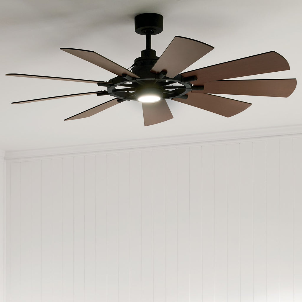 KICHLER 300260AVI 60 Inch Gentry 9 Blade Indoor Ceiling Fan With Etched Cased Opal Glass In Anvil Iron With Reversible Distressed Antique Gray And Walnut Blades