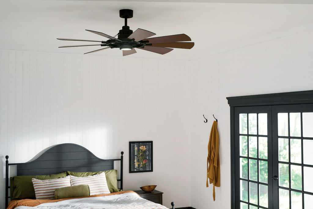 KICHLER 300260AVI 60 Inch Gentry 9 Blade Indoor Ceiling Fan With Etched Cased Opal Glass In Anvil Iron With Reversible Distressed Antique Gray And Walnut Blades