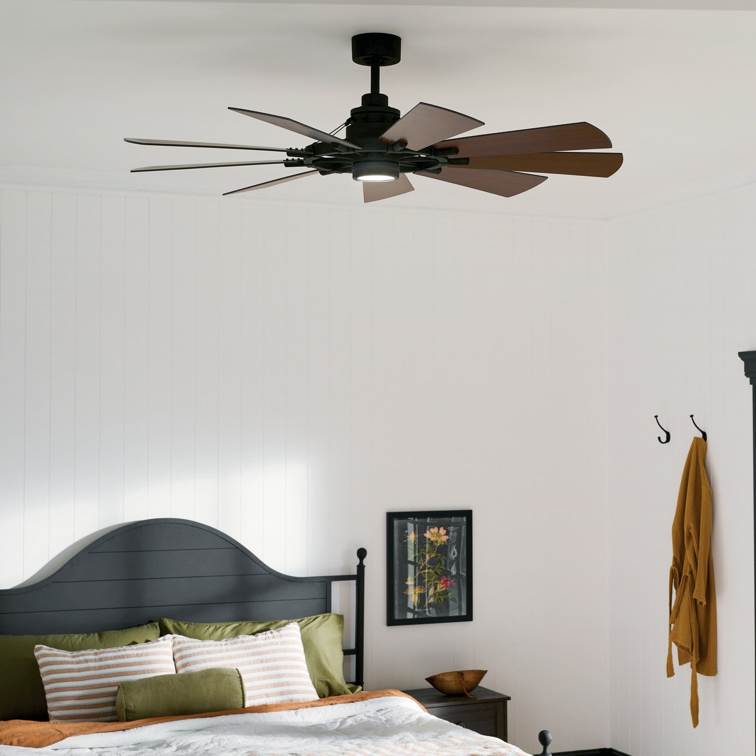 KICHLER 300260AVI 60 Inch Gentry 9 Blade Indoor Ceiling Fan With Etched Cased Opal Glass In Anvil Iron With Reversible Distressed Antique Gray And Walnut Blades