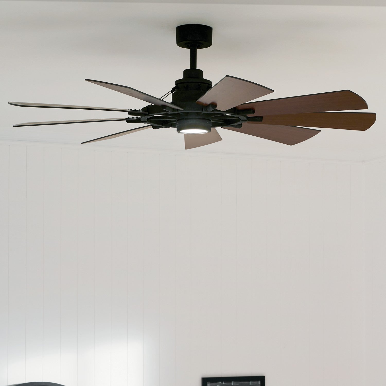 KICHLER 300260AVI 60 Inch Gentry 9 Blade Indoor Ceiling Fan With Etched Cased Opal Glass In Anvil Iron With Reversible Distressed Antique Gray And Walnut Blades