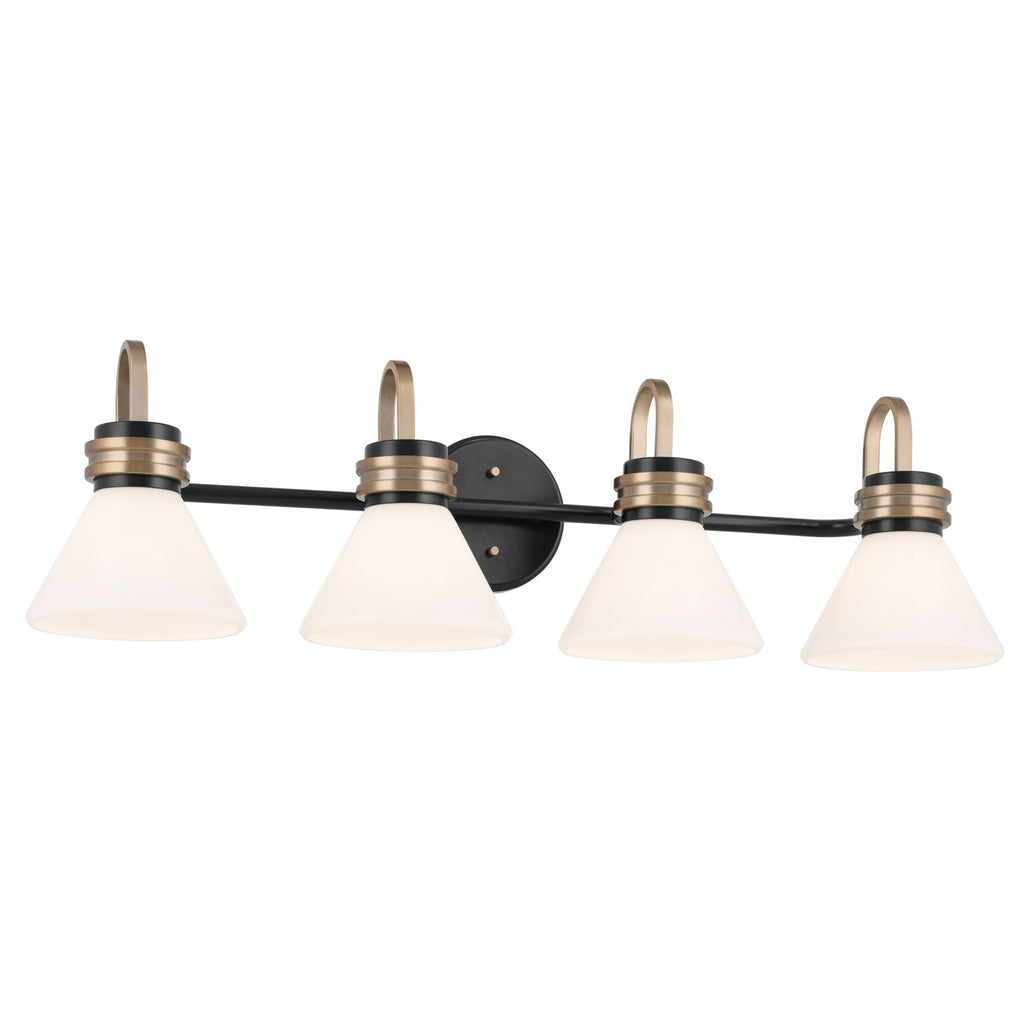 KICHLER 55156BK Farum 34 Inch 4 Light Vanity With Opal Glass In Black With Champagne Bronze