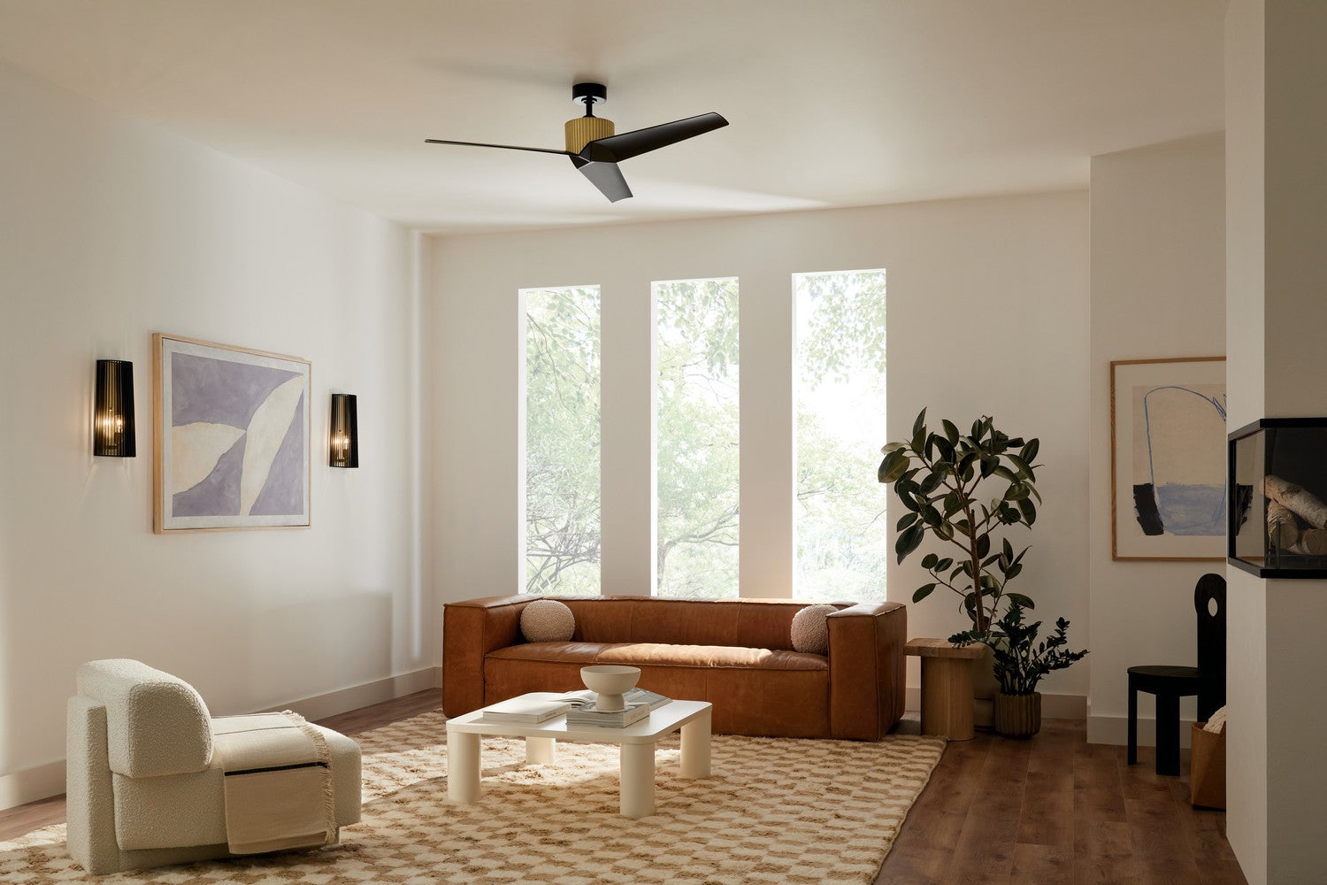 KICHLER 330130NBR 56 Inch Almere 3 Blade Indoor Ceiling Fan In Natural Brass With Satin Blackâ Bladesâ 