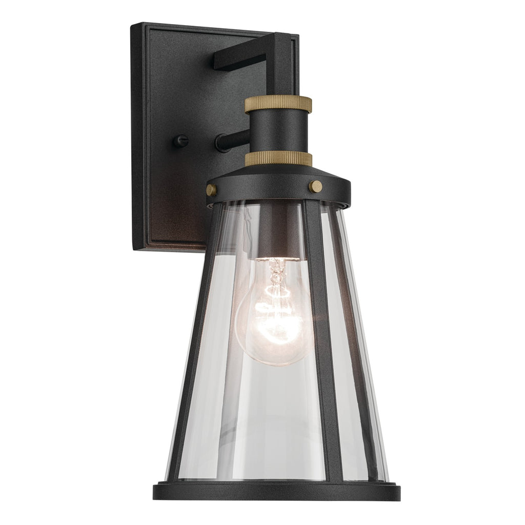 KICHLER 59146BKT Talman 13.25 Inch 1 Light Outdoor Wall Light With Clear Glass In Textured Black And Natural Brass