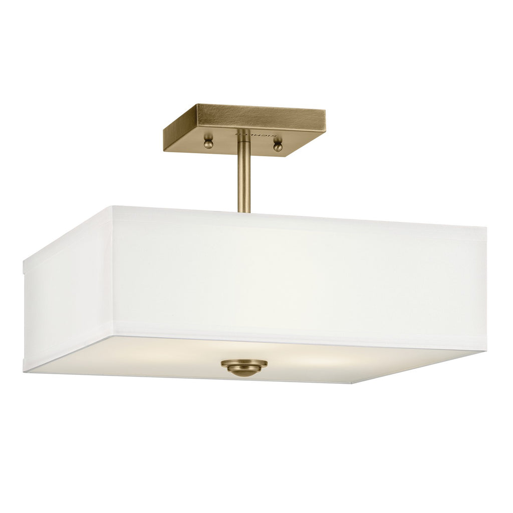 KICHLER 43691NBR Shailene 14" 3-Light Medium Square Semi Flush With White Fabric Shade And Clear Satin Etched Diffuser In Natural Brass