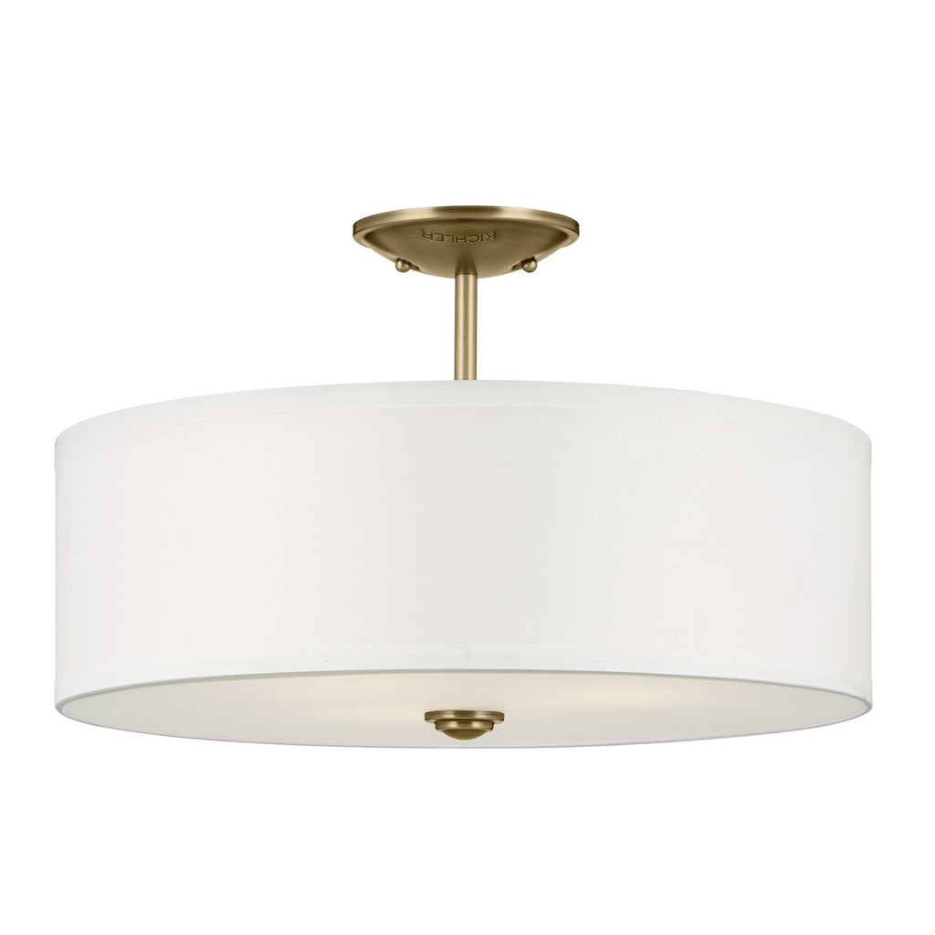 KICHLER 43692NBR Shailene 11.5" 3-Light Small Round Semi Flush With White Fabric Shade And Clear Satin Etched Diffuser In Natural Brass