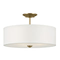 KICHLER 43692NBR Shailene 11.5" 3-Light Small Round Semi Flush With White Fabric Shade And Clear Satin Etched Diffuser In Natural Brass