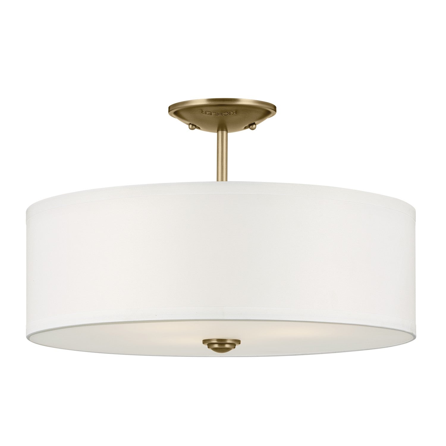 KICHLER 43692NBR Shailene 11.5" 3-Light Small Round Semi Flush With White Fabric Shade And Clear Satin Etched Diffuser In Natural Brass