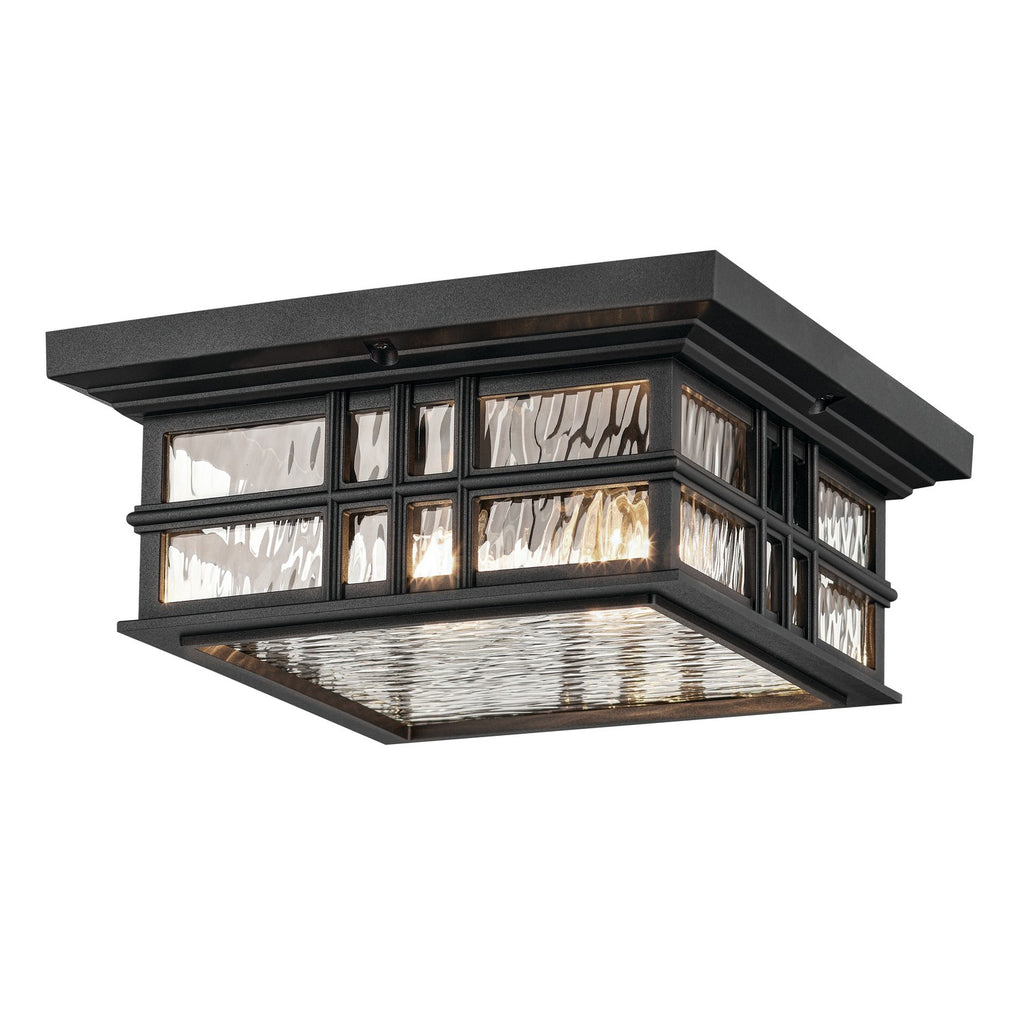 KICHLER 49834BKT Beacon Square 12" 2-Light Outdoor Ceiling Light With Clear Hammered Glass In Textured Black