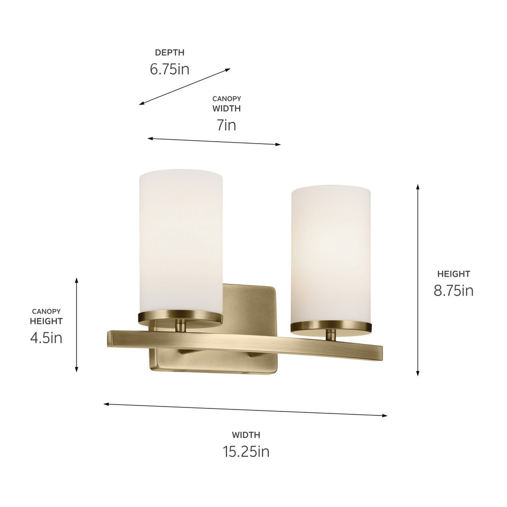 KICHLER 45496NBR Crosby 15.25" 2-Light Vanity Light With Satin Etched Cased Opal Glass In Natural Brass