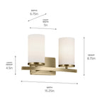 KICHLER 45496NBR Crosby 15.25" 2-Light Vanity Light With Satin Etched Cased Opal Glass In Natural Brass