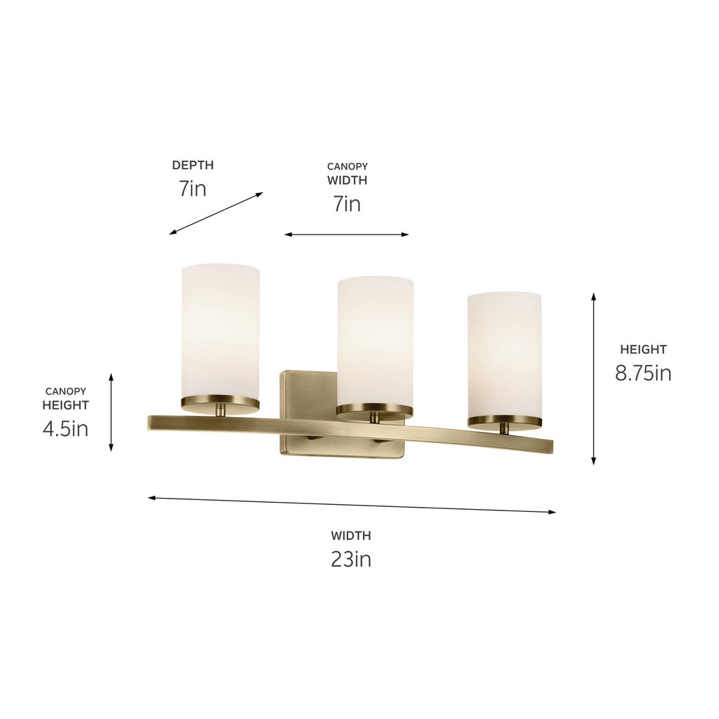 KICHLER 45497NBR Crosby 23" 3-Light Vanity Light With Satin Etched Cased Opal Glass In Natural Brass